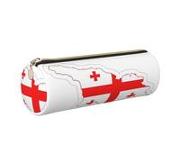 Flag Map of Georgia Cute Leather Pencil Case Eco-Friendly Cross Grain Leather,Smooth Zipper,Large Capacity Cylinder Pouch Holder
