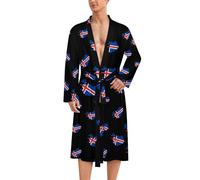 Flag Map of Iceland Mens Bathrobe Long Bath Robe Warm Spa Robe Nightgown Soft with Waist Belt