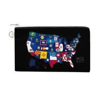 Flag Map of U.S. States and Territories Custom Canvas Coin Purse Change Wallet Bag Small Makeup Bags for Men Women 7.5 X 4.6 Inch