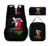 Flag Map of Wales 3 PCS Backpack Set Cute Rucksack with Pencil Case & Lunch Bag Gifts