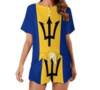 Flag of Barbados Causal Short Sleeve 2 Piece Pajama Sets Loungewear Top And Shorts For Women