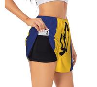 Flag of Barbados Women's Double-Layer Sports Shorts, Breathable and Stretchy., Black, L Short