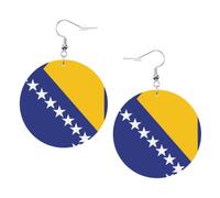 Flag of Bosnia and Herzegovina Round Leather Earrings White, Double-Side Printed Drop Dangle Jewelry for Women, for Festival Party Gift