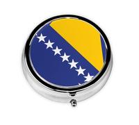 Flag of Bosnia and Herzegovina Round Pill boxï¼ŒPill Boxï¼Œ Portable On-The-Go Pocket Pharmacy,