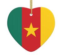 Flag of Cameroon Ceramic Christmas Heart Pendant, The Pottery Piece is Available with Silk Thread
