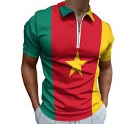 Flag of Cameroon Men's Zippered Polo Shirts Slim Fit Short Sleeve Golf T-Shirt Casual Tee