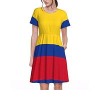 Flag of Colombia Womens Summer Dress Casual Swing Short Sleeve Sundresses Beach A-Line Shift Dress with Pockets Black