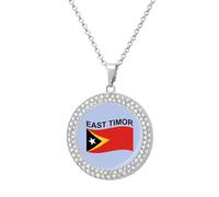 Flag of East Timor Fashion Necklace Chain Round Graphic Pendant with Diamond Jewellery Silver-style
