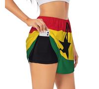 Flag of Ghana Print Women's Athletic Shorts Pockets Stylish Comfortable Workout 2 in 1 Running Shorts, Black, Medium