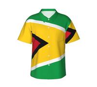 Flag of Guyana Print Men Hawaiian Shirt, Casual Tropical Button Shirt, Light Aloha Short Sleeve, for Beach Vacation, Black, Large
