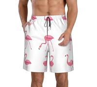Flag of Hawaii American Men's Casual Classic Fit Short Drawstring Summer Beach Shorts with 3 Pockets, Flamingos on White, 3XL