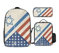 Flag of Israeli And U.S.A Trendy Backpack Set for Unisex Lightweight 17inch Daypack with Lunch Bag And Pencil Case 3pcs