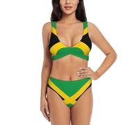 Flag of Jamaica Print Women Swimsuit, Women's High-Waisted Bikini Set, Two-Piece Sport Bathing Suits Black