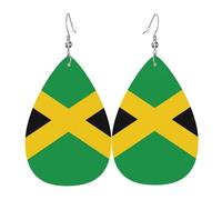 Flag of Jamaica Printed Dangle Leather Earrings, Reversible Statement Jewelry with Silver Plated Hooks