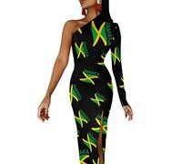 Flag of Jamaica Women's One Shoulder Long Sleeve Dress Sexy Slit Bodycon Wedding Party Maxi Dresses M