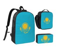 Flag Of Kazakhstan 17 Inch Backpack Lunch Bag Pencil Case Set, Cute Print, Durable Oxford Cloth.