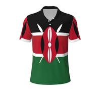 Flag of Kenya Mens Short Sleeve Polo Shirt, Performance Quick Dry Casual Collared Fit Athletic T-Shirt, Black, Large