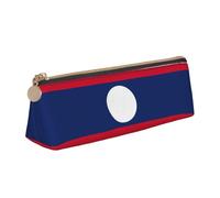 Flag of Laos Print Large Capacity Leather Pencil Case Smooth Zippered Pen Pouch School Travel Makeup