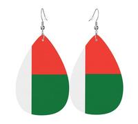 Flag of Madagascar Printed leather earrings with teardrop-shaped dangling design, light and soft.