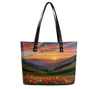 Flag of Mexico Leather Tote Bag for Women Top Handle Purses Handbags Casual Work Tote Travel Shoulder Bag, Cloud Garden at Sunset, 29*34*14cm