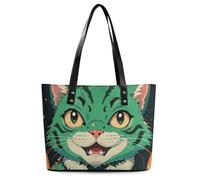 Flag of Mexico Leather Tote Bag for Women Top Handle Purses Handbags Casual Work Tote Travel Shoulder Bag, Anime Green Cat, 29*34*14cm