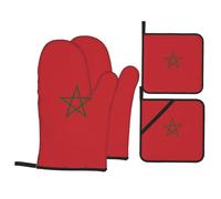 Flag of Morocco Print Heat Resistant Oven Mitts and Pot Holders Set - Insulated Gloves for BBQ, Baking, Grilling