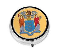 Flag of New Jersey This Small, Round Pill Box is a Portable Travel Medicine Organizer with Three compartments for Storing Daily medications.