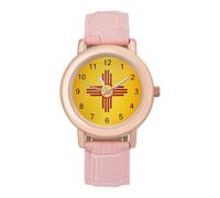 Flag of New Mexico Women's Leather Watch Easy Reader Minimalist Wristwatch Pink Rose Gold Strap Watches