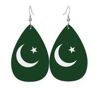 Flag of Pakistan Printed Dangle Leather Earrings, Reversible Statement Jewelry with Silver Plated Hooks