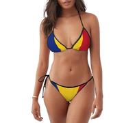Flag of Romania Print Women String Bikini Set Halter Side Tie Two Piece Swimsuit Triangle Bathing Suits, Black, Medium