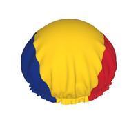Flag of Romania Printed shower cap, reusable, specially designed for women's long hair, double-layer structure, suitable for bathing.