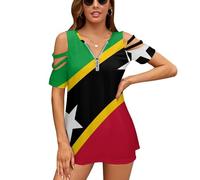 Flag of Saint Kitts and Nevis Off The Shoulder Tops for Women Zippered V Neck T Shirts Summer Short Sleeve Tshirt Casual Tee
