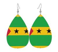 Flag of Sao Tome and Principe Printed leather earrings with teardrop-shaped dangling design, light and soft.