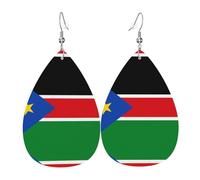 Flag of South Sudan Printed leather earrings with teardrop-shaped dangling design, light and soft.