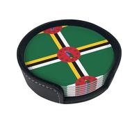 Flag of The Commonwealth of Dominica Patterned Coaster Set, 6 Round Coasters with Holders. Suitable for tabletops, Living Rooms, or Kitchens.