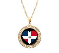 Flag of The Dominican Republic Heart Women's Alloy Long Necklaces Round Pendant Ladies Diamond Necklace Jewelry Gift Golden-style