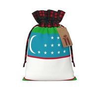 Flag Of The Republic Of Uzbekistan Print Burlap xmas Gift Bag With Drawstring, Polyester Plaid Pouch For Gift Birthday Present-M Size