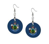 Flag of The State of Maine Women's Drop Earrings Wooden Dangle Pendant with Stud Hoop Jewellery Gifts