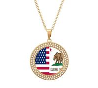Flag of U.S.A And California Women's Round Diamond Necklace Vintage Alloy Pendants Multicolored Sparkly Jewelry