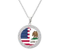 Flag of U.S.A And California Women's Round Diamond Necklace Vintage Alloy Pendants Multicolored Sparkly Jewelry