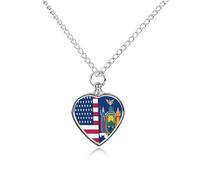 Flag of U.S.A And New York Pet Memorials Necklace Silver Funerary Ashes Heart Shaped Pendant for Dog Cat Lover