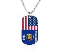 Flag of U.S.A And Wisconsin Memorial Necklace with Long Chain Decorative Jewelry Rectangle Pendant for Men Women