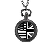 Flag of U.S. and United Kingdom Vintage Pocket Watch with Chain Classic Numerals White Dial