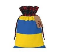 Flag Of Ukraine Print Festive Plaid Gift Bag, Candy Bag, Drawstring Burlap Pouch For Holiday Presents Favor-M