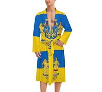 Flag of Ukraine with Coat of Arms Mens Bathrobe Long Bath Robe Warm Spa Robe Nightgown Soft with Waist Belt