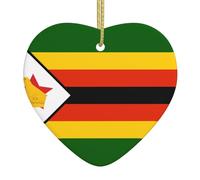 Flag of Zimbabwe Ceramic Christmas Heart Pendant, The Pottery Piece is Available with Silk Thread