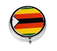 Flag of Zimbabwe Round Mini Pill Box: 3-Compartment Portable Metal Pill Organizer with Snap Closure, Ideal for Daily Travel Use