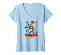 Flag Raising Festival V-Neck T-Shirt, Women, Baby Blue, XXL