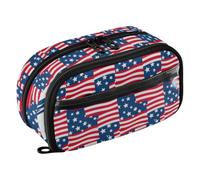 Flag Stripe Blue Pencil Bag, Sturdy Double Zipper, Big-Capacity
