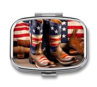 Flag with Cowboy Boots Pill Box 2 Compartment, Portable Pill Case with Mirror for Pocket Purse Travel, Mini Metal Medicine Organizer for Vitamins Fish Oil